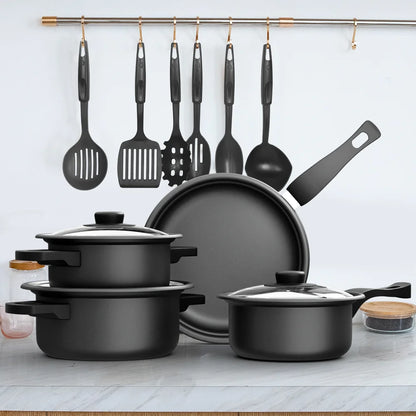 13pc Cookware Set Kitchen Pots and Utensils Set Non-Stick Frying Pan/Soup Pot/Saucepan Suitable for gas induction cooktops