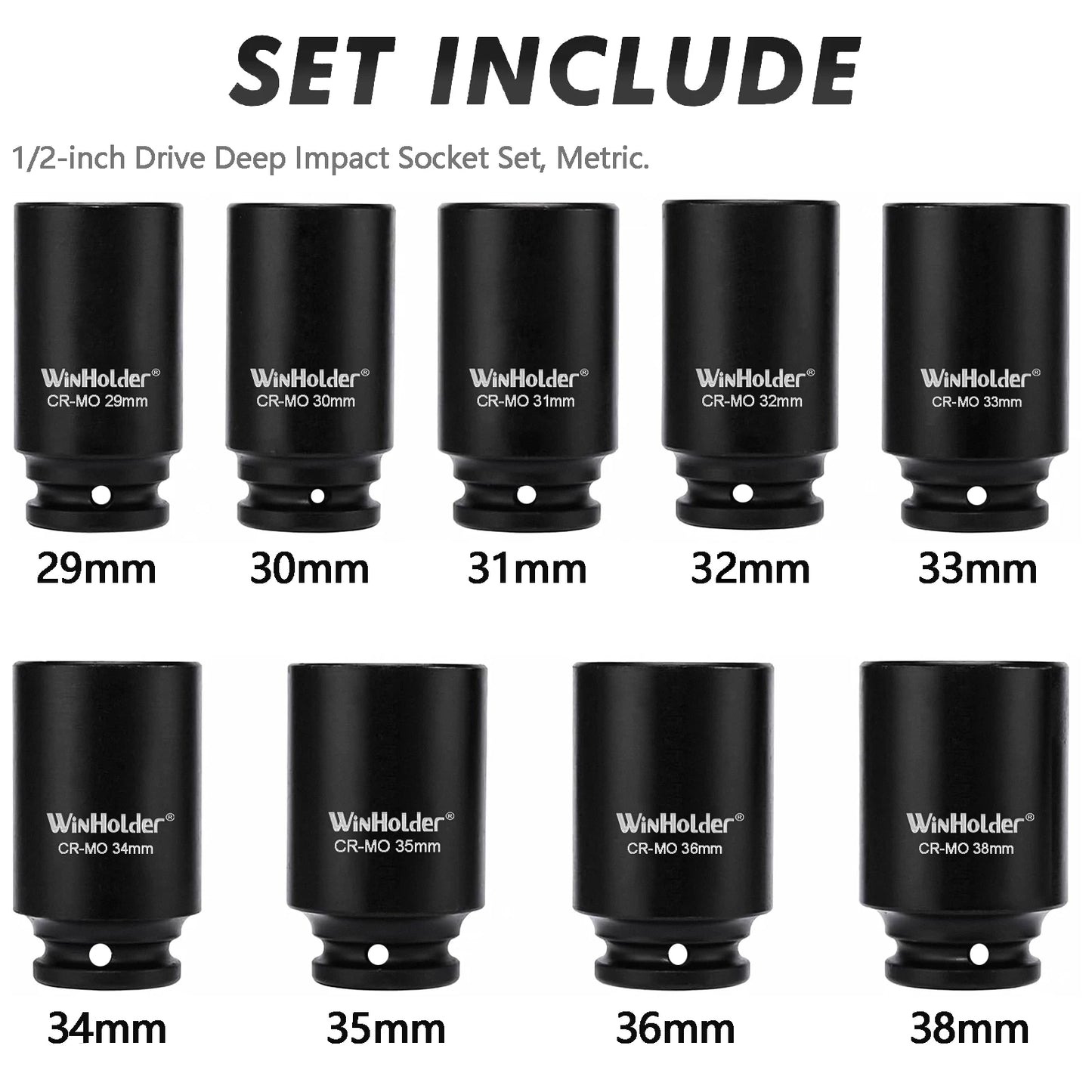 9x 1/2"6Point Axle Nut Hub Impact Socket Set 29-38mm For Air Battery Powered Impact Tools Wrenches Breaker Bars Torque Wrenches
