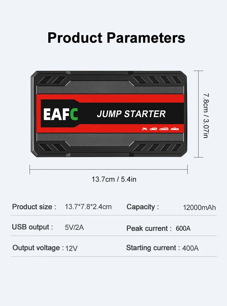 EAFC Car Jump Starter Power Bank Car Battery Starter 600A12V Auto Starting Device with LED Light For Auto Battery Booster Buster