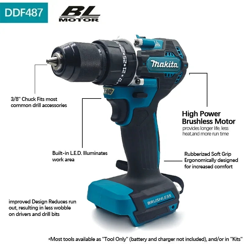 Makita DDF487 10mm brushless household 18V lithium-ion charging impact drill,high torque electric screwdriver Makita 18V Battery
