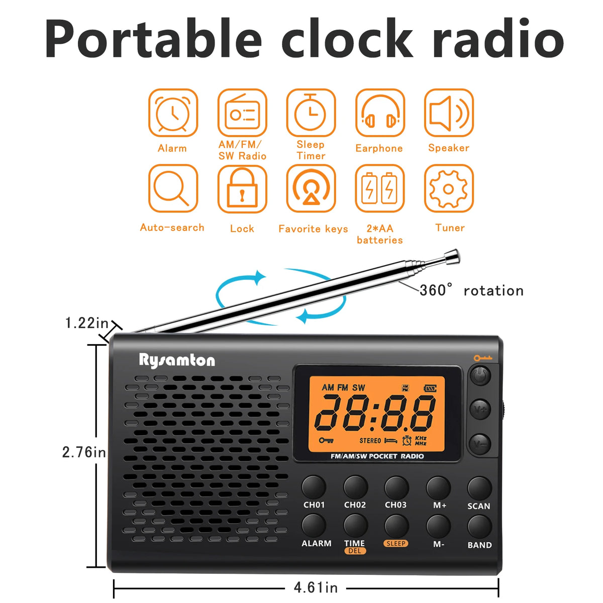 Rysamton Portable AM/FM Shortwave Radio Big Digital Display With Sleep Timer and Alarm Clock Function, Battery Operated Radios