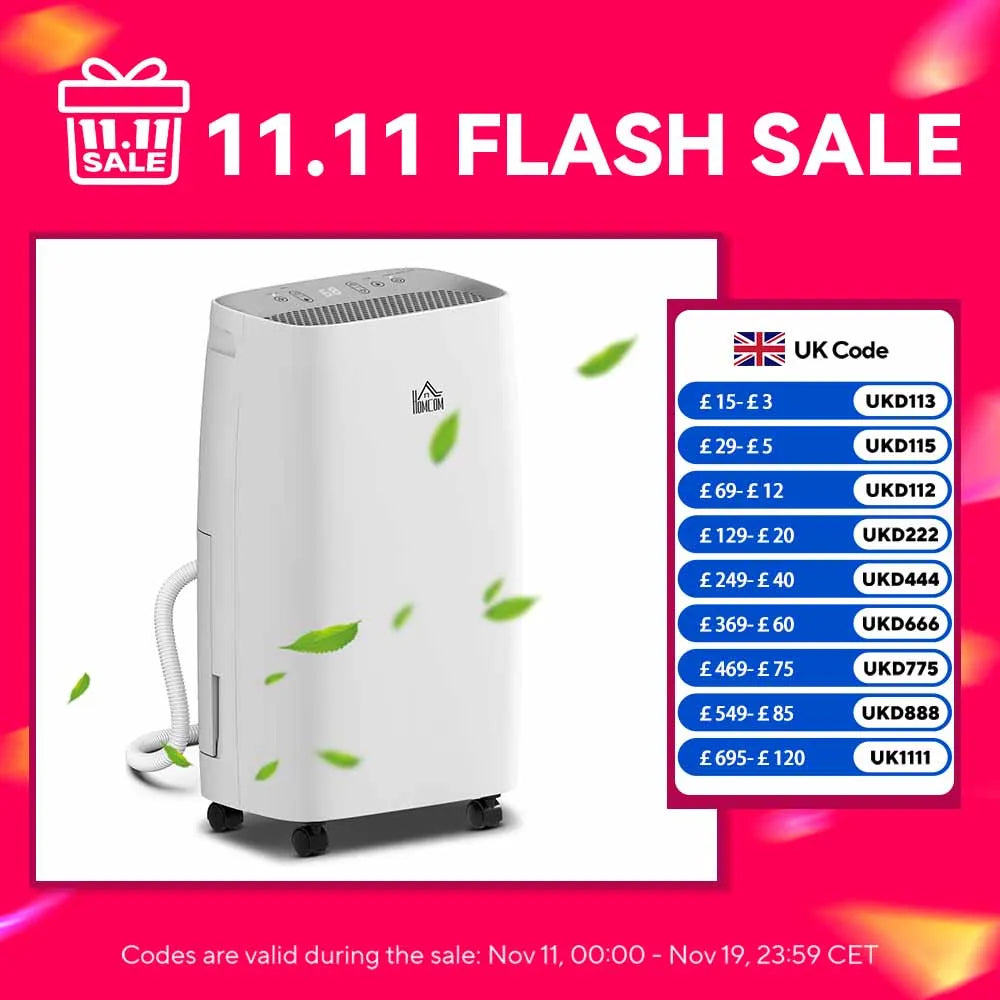 HOMCOM 12L/Day 2500ml Dehumidifier for Home with 24H Timer and 2 Speed Modes
