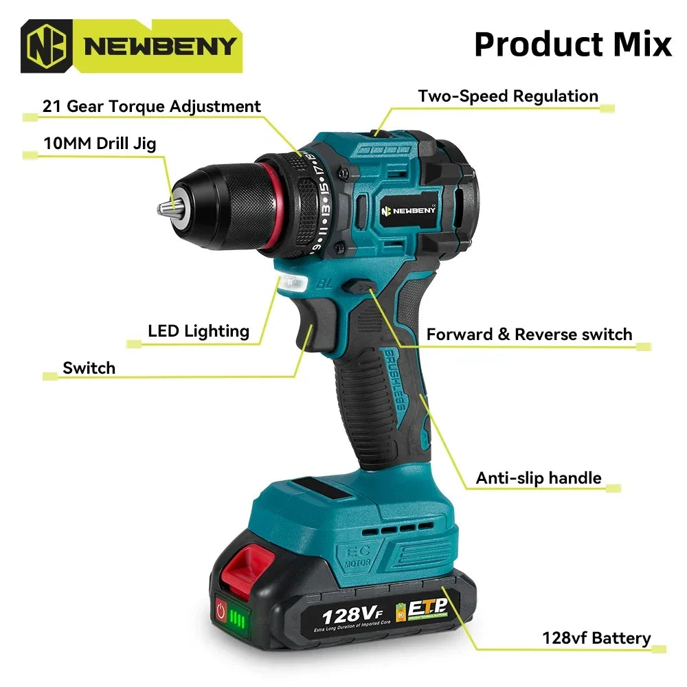 NEWBENY 10mm Brushless Electric Drill Screwdriver 21+2 Torque Cordless DIY Household Drill Tool For Makita 18-21V Battery Pin
