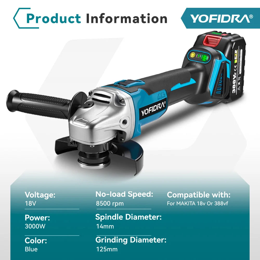 Yofidra 125mm Brushless Angle Grinder 4 Gears Cordless Grinding Machine Cutting Woodworking For Makita 18V-21V Battery Pin