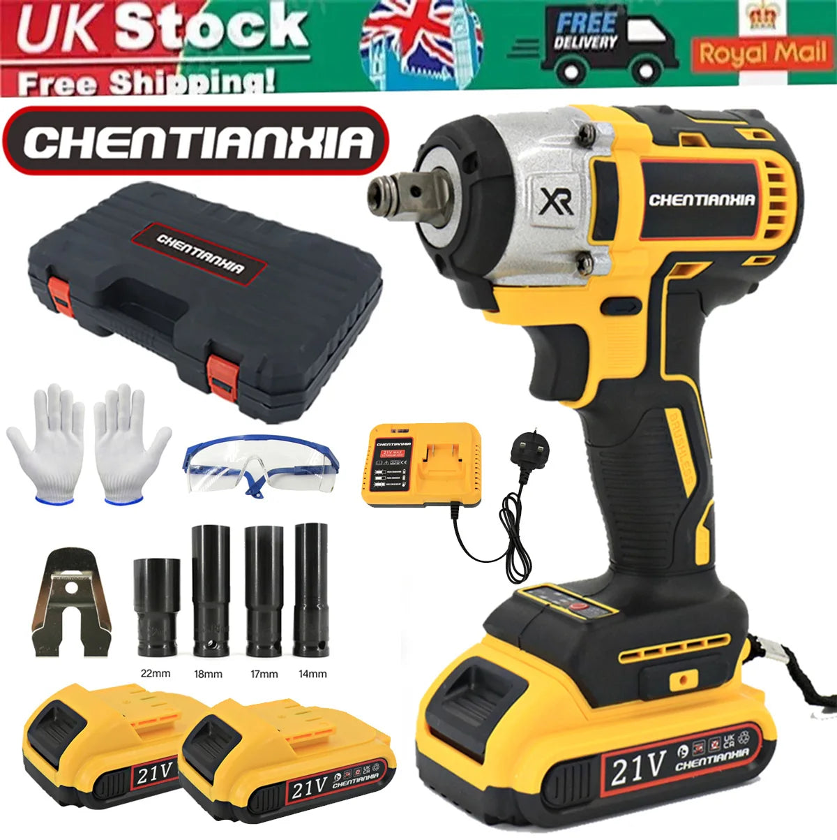 1000Nm 1/2" Cordless Electric Impact Wrench Drill Gun Ratchet Driver Includes 2 Battery, Charger and Kit Bag