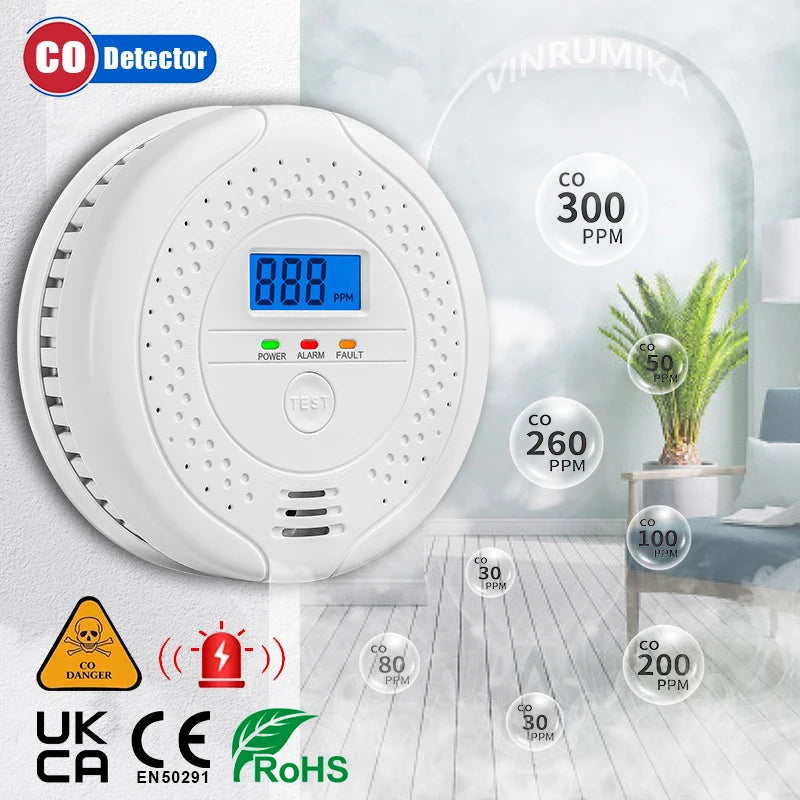 2025 New Version Carbon Monoxide Detector Alarm Sensor 85dB Sound Warning LCD Digital Display Home Security CO Poisoning Siren