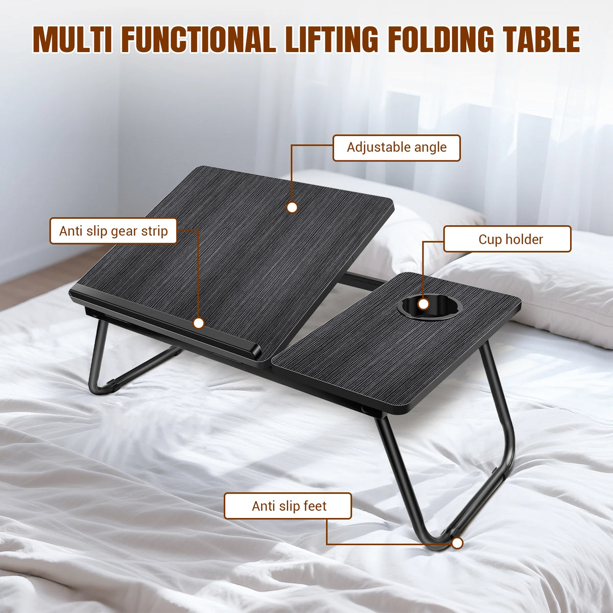 Laptop Desk, Laptop Bed Table with Foldable Legs & Cup Slot, Reading Holder Notebook Stand Breakfast Bed Tray Book Holder