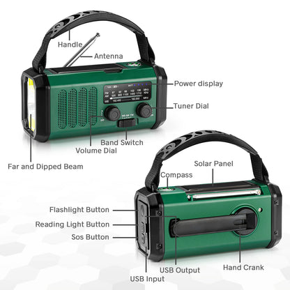 Woopker Radio XSY-330 10000mAh FM Emergency Radio Solar Hand Crank Generator AM/FM/NOAA LED Portable Radio SOS Alarm Power Bank