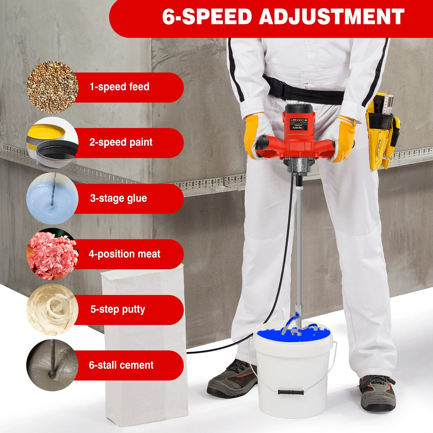 DayPlus 2600W Handheld Concrete Mixer Machine Paddle Mixer Adjustable 6 Speed Stirrer Electric Mix Stirring Tool M14 Mixing Rod