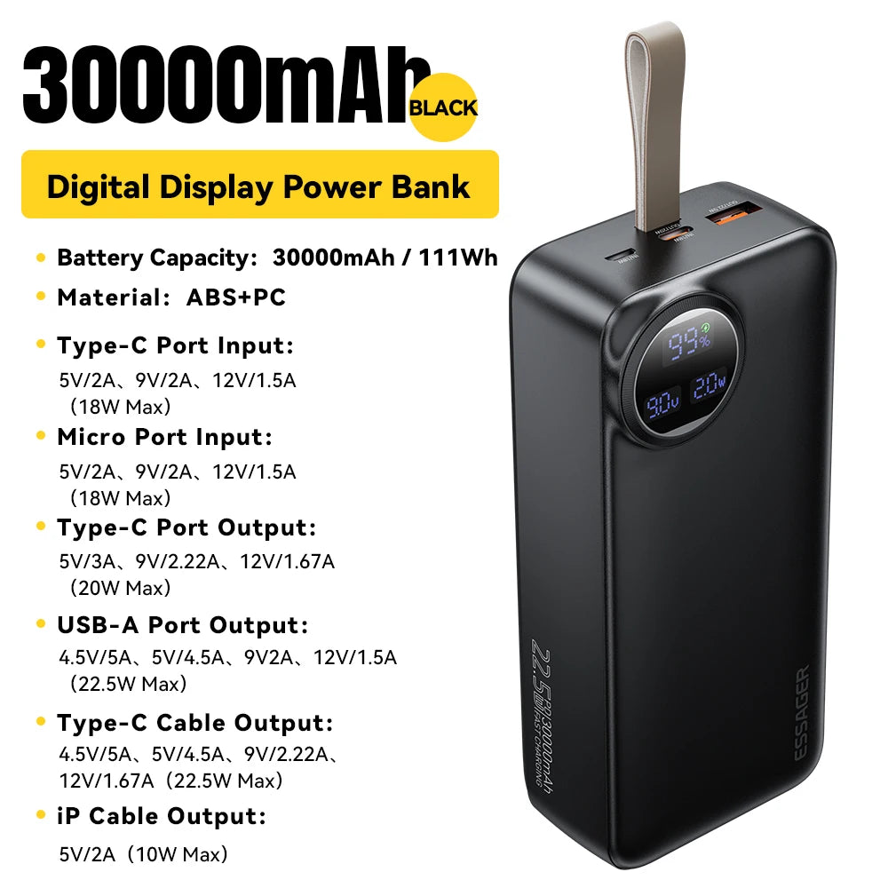 Essager Power Bank 30000mAh 22.5W PD Fast Charging Portable Powerbank 20000mAh/10000mAh For iPhone 16 15 14pro Max Huawei Xiaomi