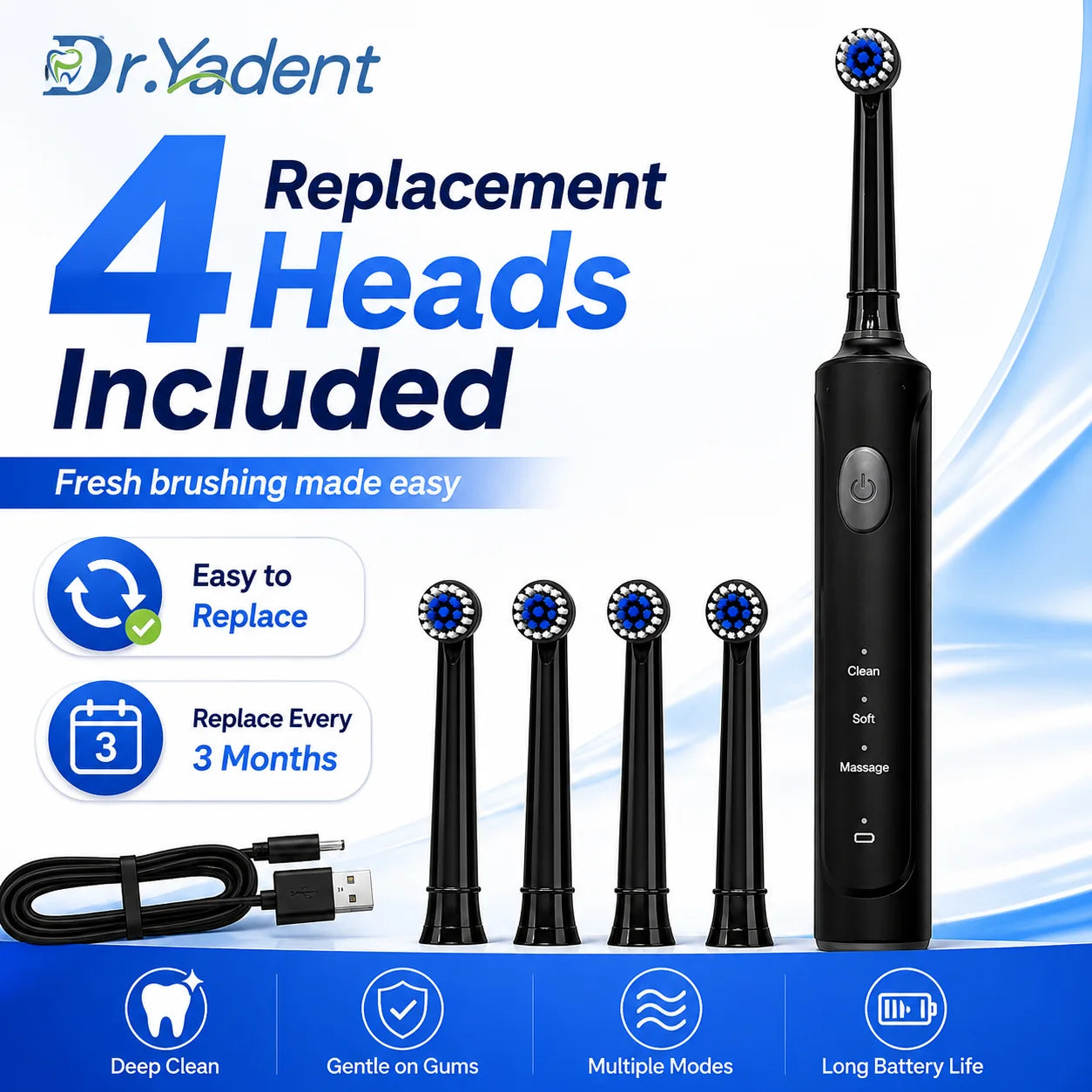 DrYadent Rotating Toothbrush YD2233 2mins Smart Timer with 3 Intelligence Modes Long-Lasting Usage with 4 Brush Heads Gum Cares