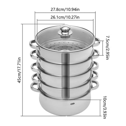 5 Tier  26/28/30/32cm Steame Cooker Steamer Pan Cook Food Veg Pot Stainless Steel Silver w/Glass Lid