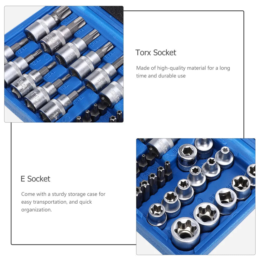 34PCS Drive Male Female Torx Torque Tork Star Bit Chrome Repair Sockets Auto Kit