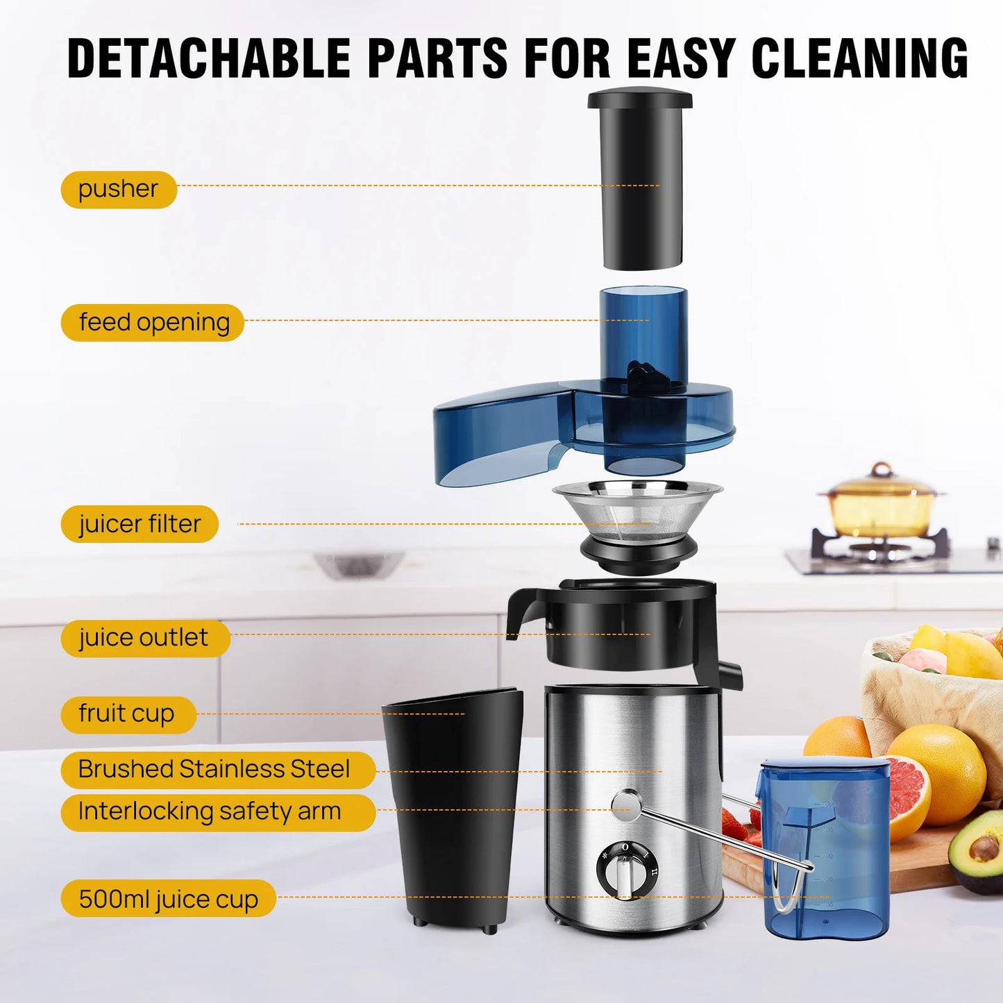 Juicer Machine, Feed Chute for Fruits, Vegetables & Citrus, 2-Speed Centrifugal Juice Extractor, 500ML Capacity