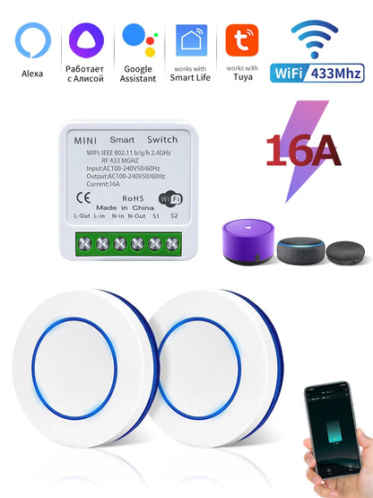 Tuya WiFi Smart Switch 16A 20A 100-240V Relay Controller RF433Mhz Wireless Remote Control Mini Round Panel Switch For Led Light