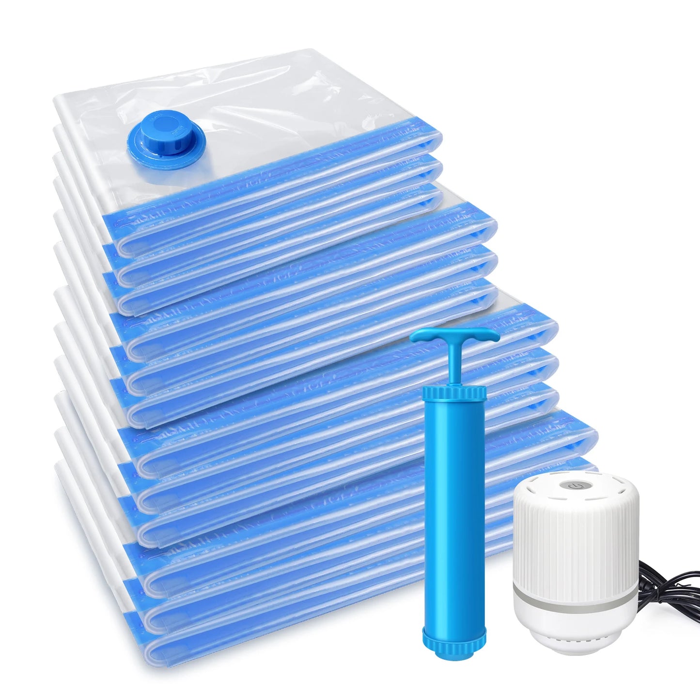 12-Pack Vacuum Compression Storage Bags for Clothes, with Electric Pump - Reusable Space Saver Bags for Travel, Duvets Storage