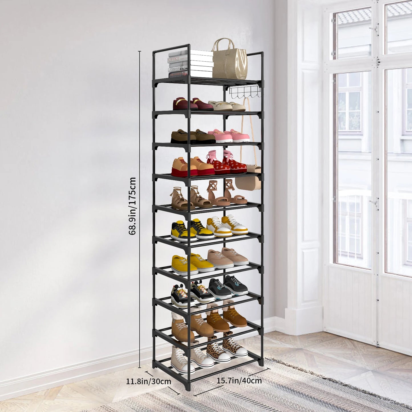 Shoe Rack,10-Tier Metal Shoe Storage Organiser, Metal Frame, Space-Saving Rack,for Room, Hallway STORAGE SHELVES STAND WITH HOOK