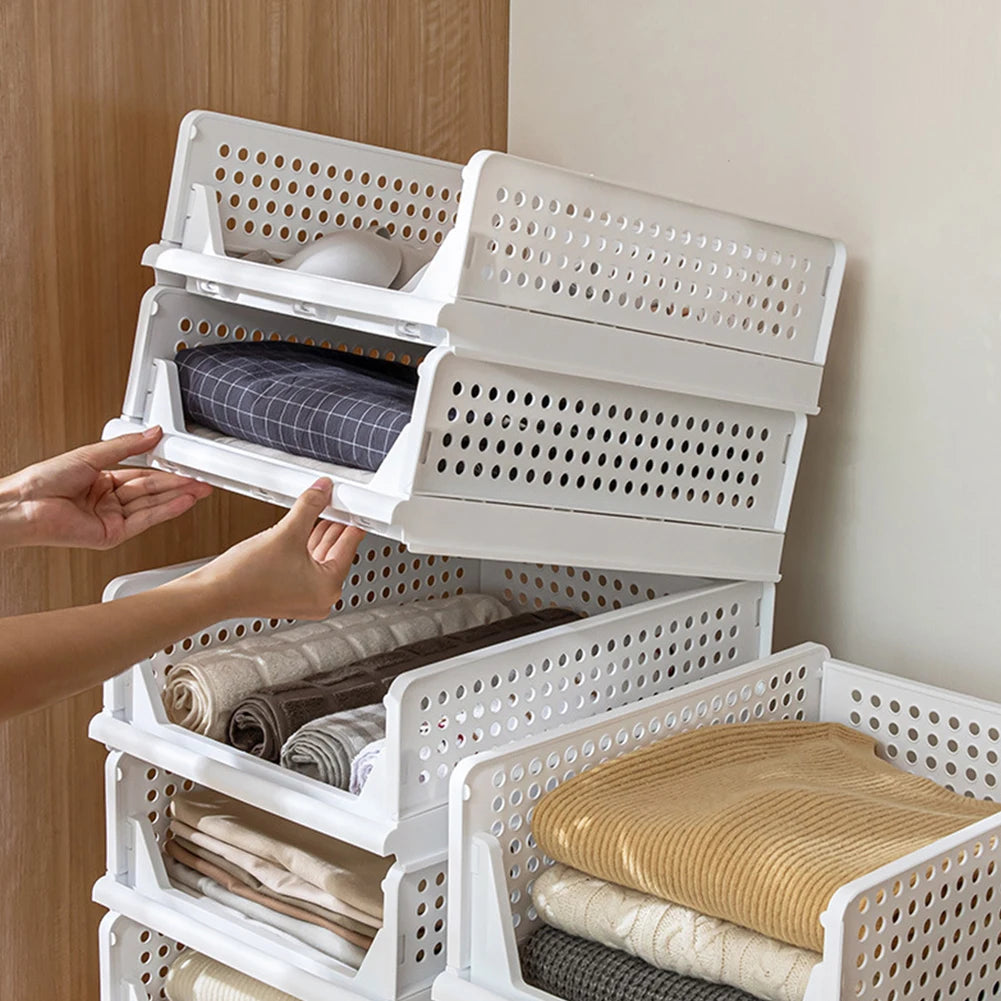 【Breeins】Foldable Stackable Drawer Storage Basket Wardrobe Storage Organiser Stackable Plastic Storage Basket Cupboard