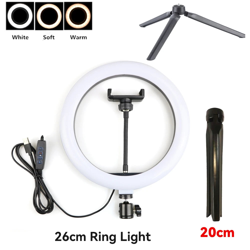 26cm 10inch Led Selfie Ring Light Round Ring Lamp with Phone Holder Photography Fill Lighting with Tripod for Youtube Live Video