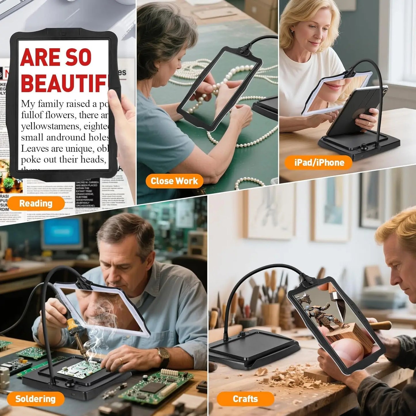 10X Rechargeable Full Page Magnifier，Large Len Magnifying Glass with 50 LED Lights & 3-IN-1 Gooseneck for Seniors Close Work