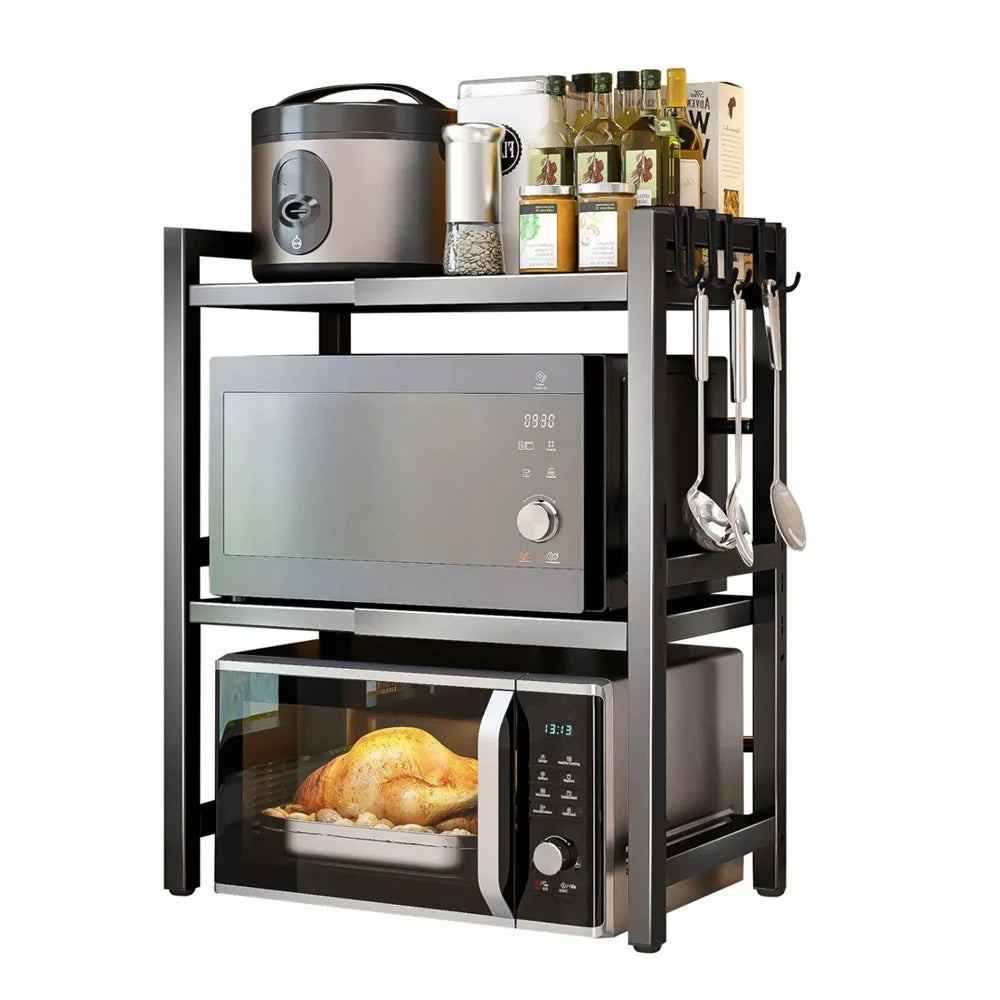 BonChoice 2/3-Tier Expandable Microwave Oven Rack Countertop for Kitchen, Microwave Shelf Stand Metal with 6 Hooks Black White