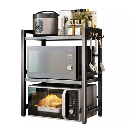 BonChoice 2/3-Tier Expandable Microwave Oven Rack Countertop for Kitchen, Microwave Shelf Stand Metal with 6 Hooks Black White
