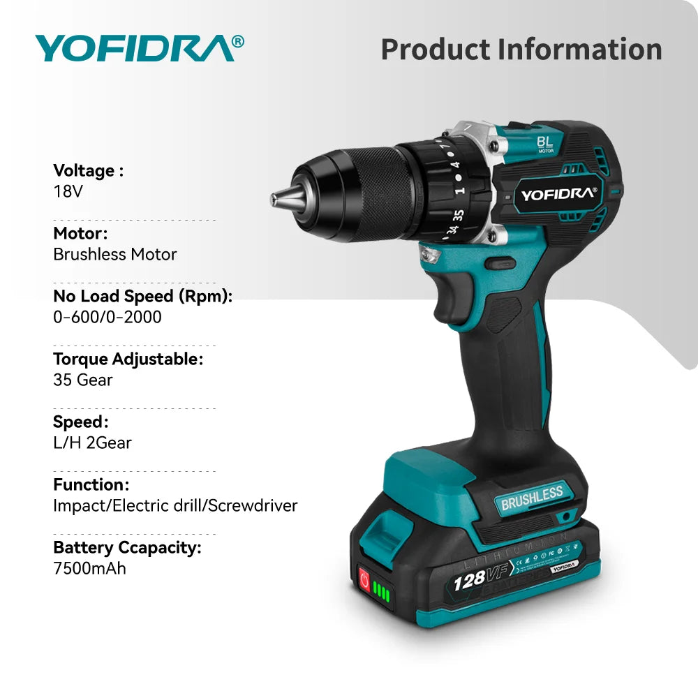 YOFIDRA 13MM Brushless Electric Impact Drill  35+3 Torque Cordless Woodworking Screwdriver Power Tool For Makita Battery Pin