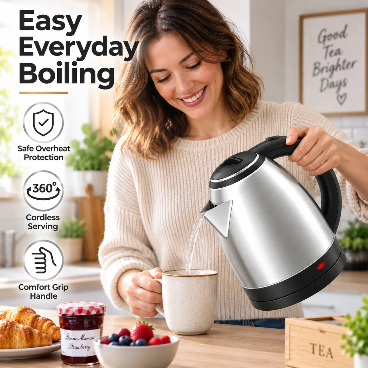 2L 1500W Stainless Steel Cordless Electric Kettle Jug, 360‑Degree Rotational Base with Overheat Protection Fast Boiling Water Heater for Household Kitchen Use