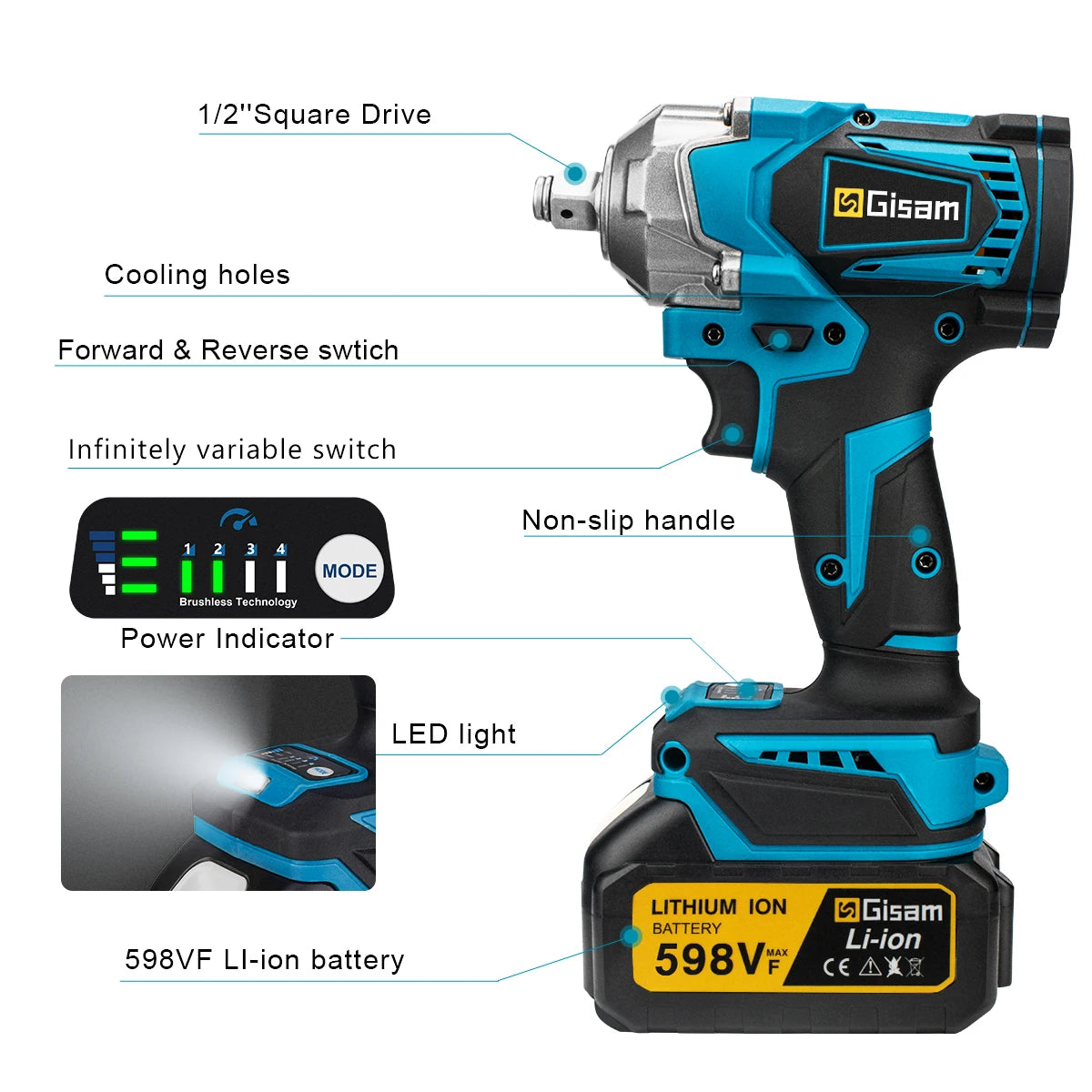 Gisam 1200N.M Torque Brushless Electric Impact Wrench 1/2 inch Cordless Wrench Screwdriver Power Tool For Makita 18V Battery Pin