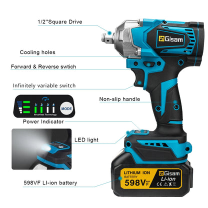 Gisam 1200N.M Torque Brushless Electric Impact Wrench 1/2 inch Cordless Wrench Screwdriver Power Tool For Makita 18V Battery Pin