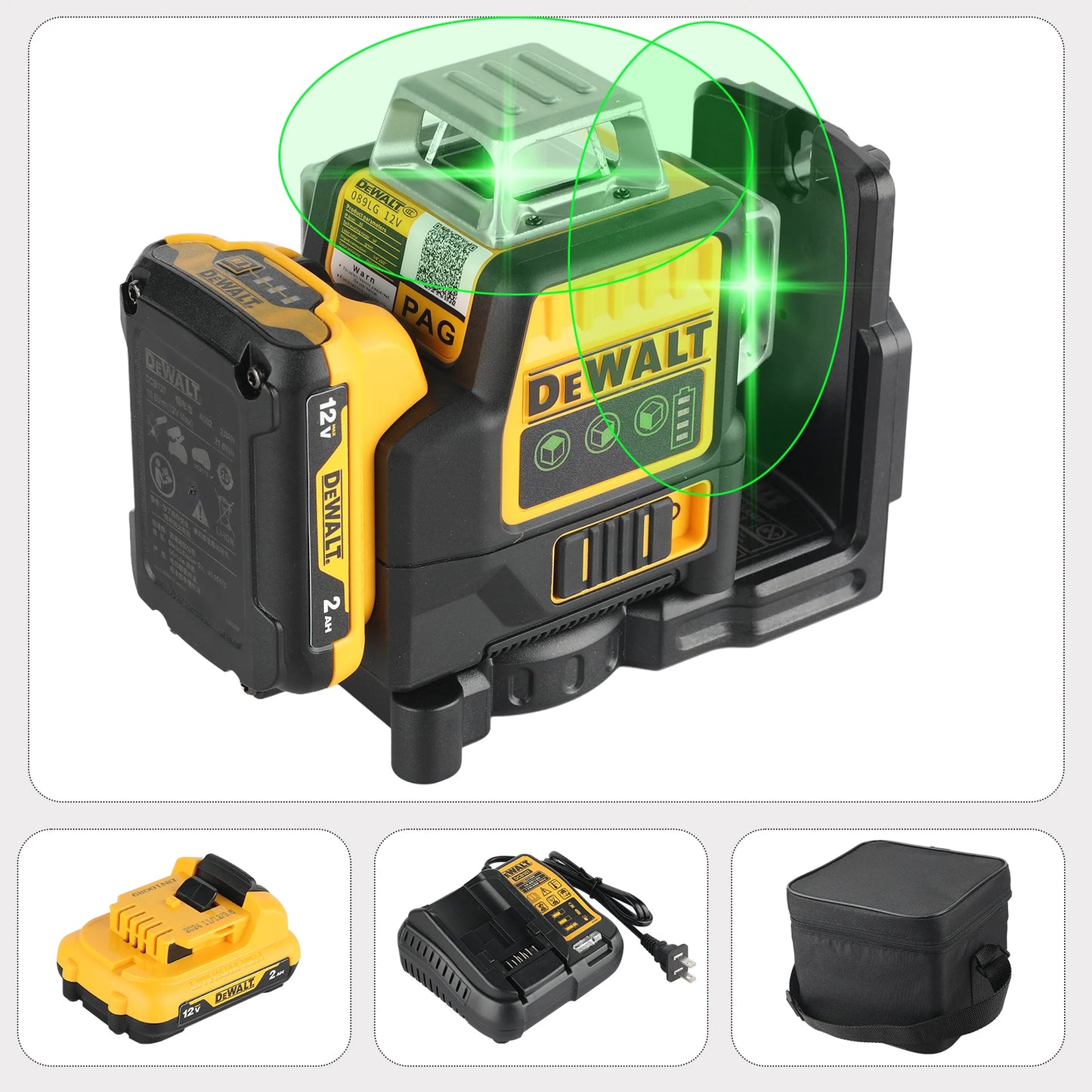 Dewalt DW089LG Self Levelling Multi Line 3 x 360 Degrees Green Beam Laser 12V MAX* with Battery 2.0Ah Li-Ion and Charger