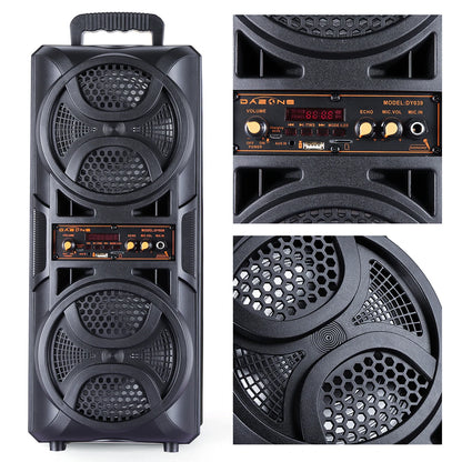 Portable Wireless PA Speaker Dual 6.5" Subwoofer System Supports AUX USB FM LED Rechargeable Battery Speakers with Microphone