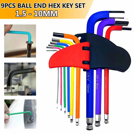 Allen Key Set Socket Folding Wrench Hex Metric 9Pcs/Set Ball End Long Wrench Colour Coded Alan Keys 1.5mm - 10mm