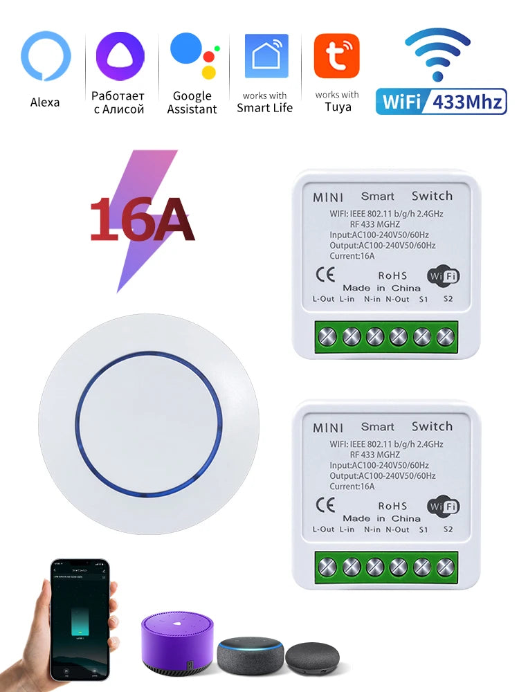 Tuya WiFi Smart Switch 16A 20A 100-240V Relay Controller RF433Mhz Wireless Remote Control Mini Round Panel Switch For Led Light