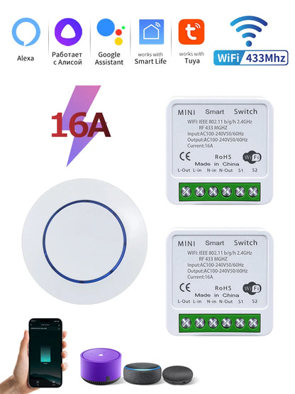 Tuya WiFi Smart Switch 16A 20A 100-240V Relay Controller RF433Mhz Wireless Remote Control Mini Round Panel Switch For Led Light