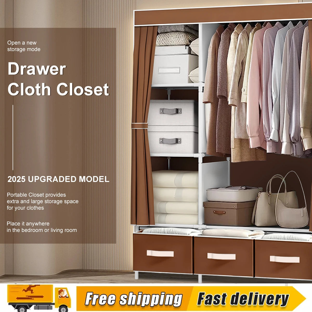 Large Canvas Wardrobe With Hanging Rail Shelving Fabric Clothes Storage Cupboard