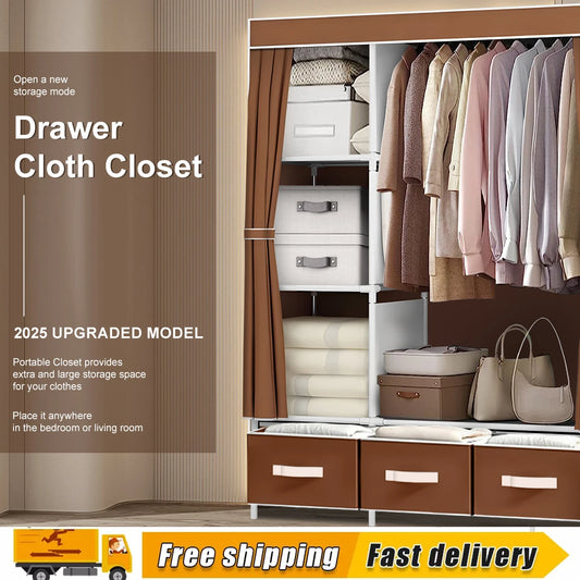 Large Canvas Wardrobe With Hanging Rail Shelving Fabric Clothes Storage Cupboard