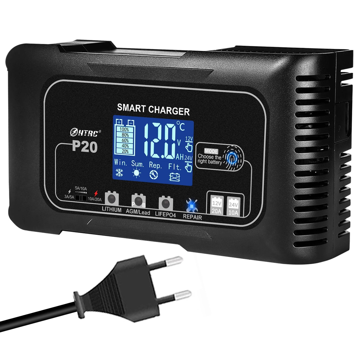 HTRC 20A 12V-24V P20 Battery Charger for Smart Car Battery Charger Repair Auto Moto Lead Acid AGM GEL PB Lithium LiFePo4 Battery