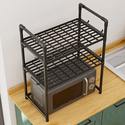 Multi-Purpose Kitchen Storage Rack - Thickened Adjustable Shelf for Microwave, Oven, Countertop Organizer with Tool Hooks