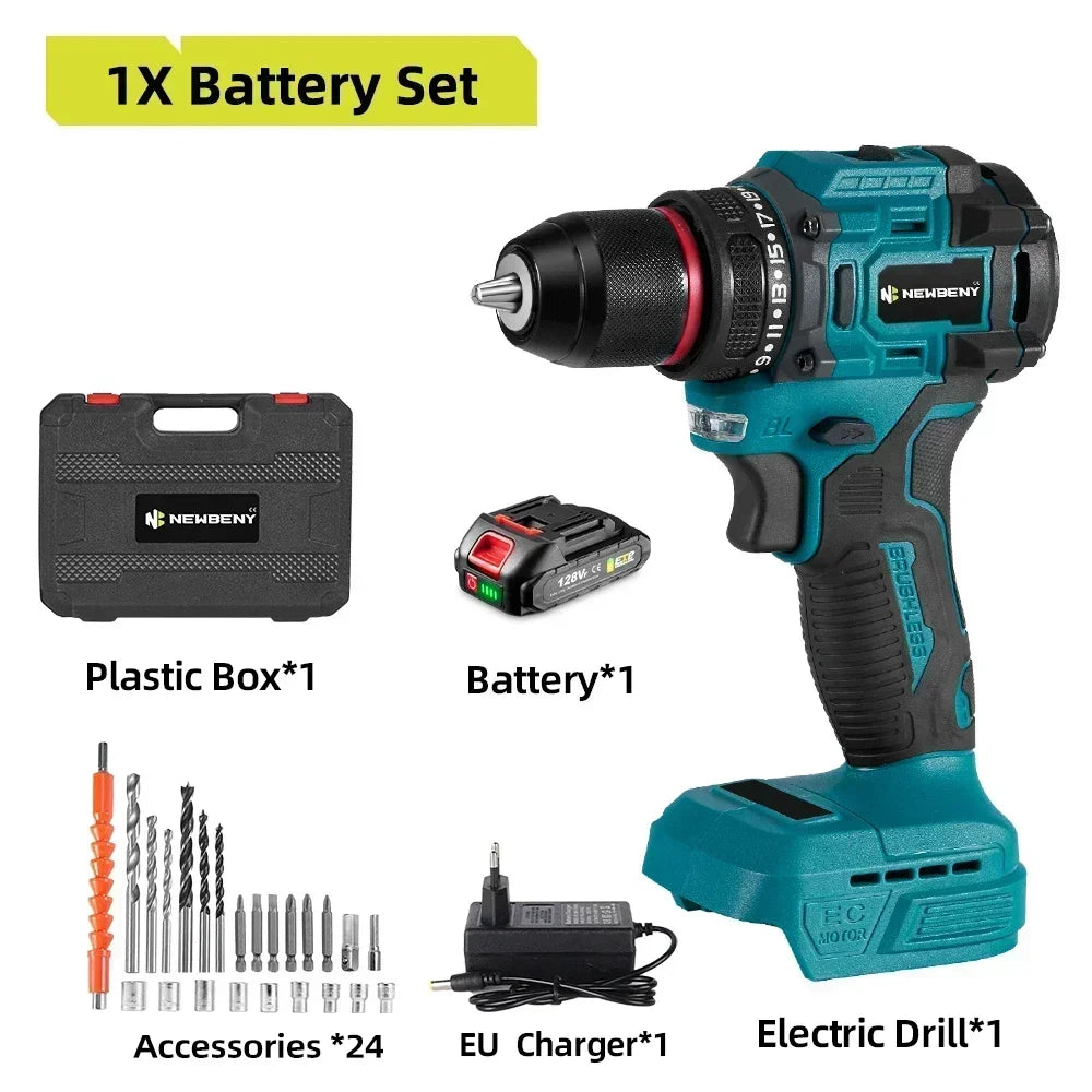 NEWBENY 10mm Brushless Electric Drill Screwdriver 21+2 Torque Cordless DIY Household Drill Tool For Makita 18-21V Battery Pin
