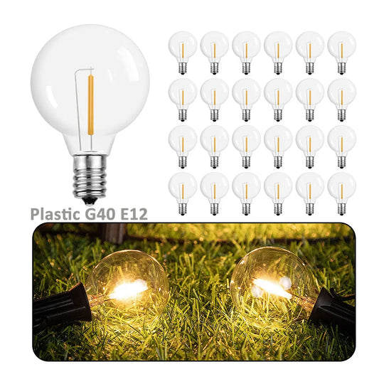 Plastic LED Filament Bulb E12 Screw Socket Shatterproof G40 220V 110V 1W Outdoor Globe Garland String Light Replacement Bulb