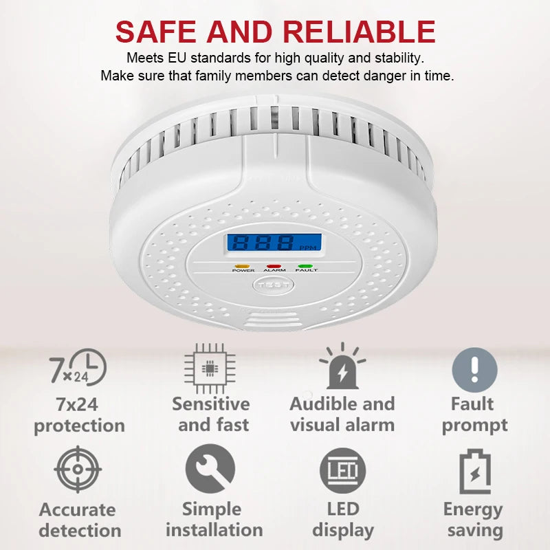 2025 New Version Carbon Monoxide Detector Alarm Sensor 85dB Sound Warning LCD Digital Display Home Security CO Poisoning Siren