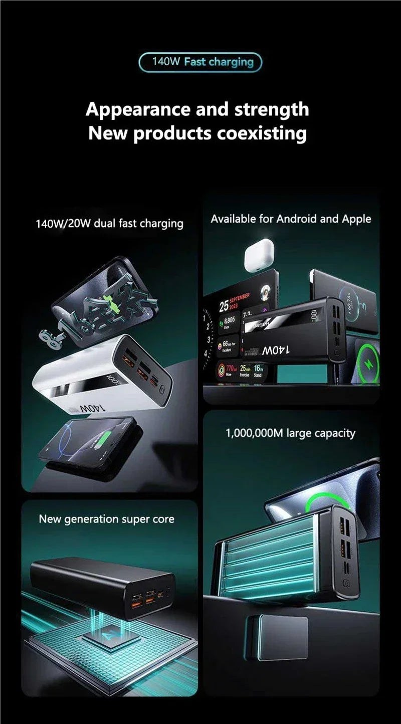 Lenovo 140W 500000mAh CCC Powerbank Super Fast Charging Portable Battery Charger Ultra Capacity LED Digital Display