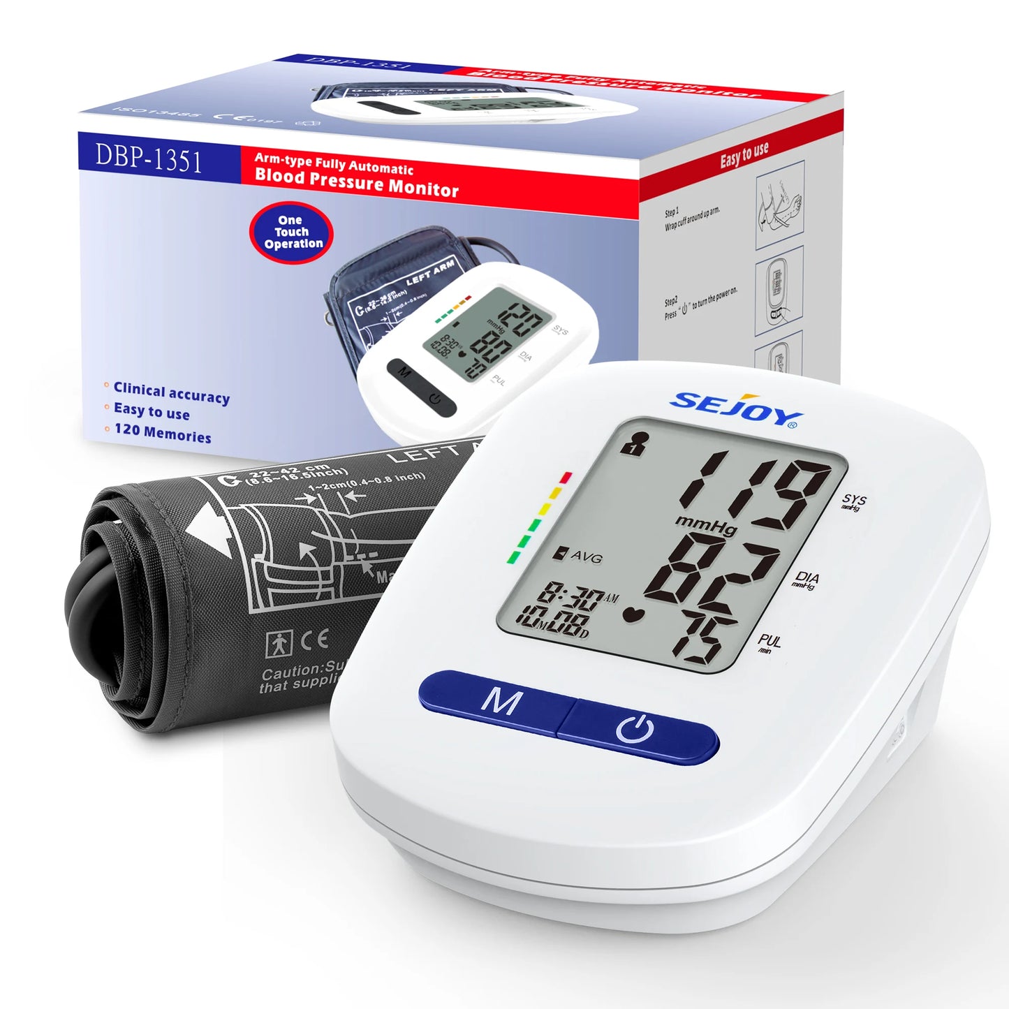 Sejoy DBP Blood Pressure Monitor Upper Arm Automatic BP Cuff Machine with LED Display for Home Use Health Care