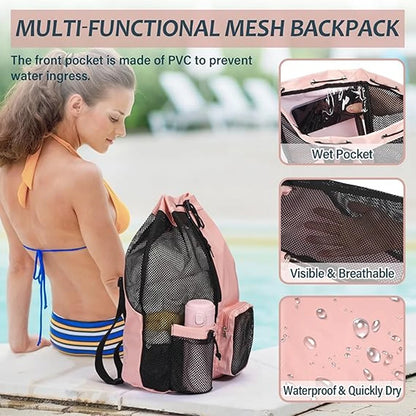 Women Travel Swimming Bag Mesh Drawstring Backpack with Wet Pocket Multipurpose Beach Backpack for Swimming Gym Workout Gear