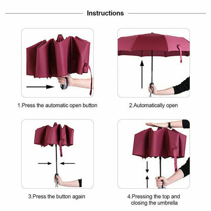 Windproof Wind Resistant 10 Ribs Strong Umbrella Automatic Open Close Folding Umbrella Compact Travel For Men and Women
