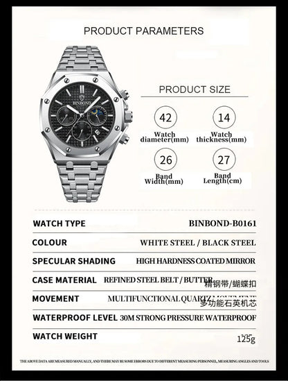BINBOND Top Brand B0161 Men's Casual Watch Luxury Luminous Stainless Steel Waterproof Men's Date Calendar Clock
