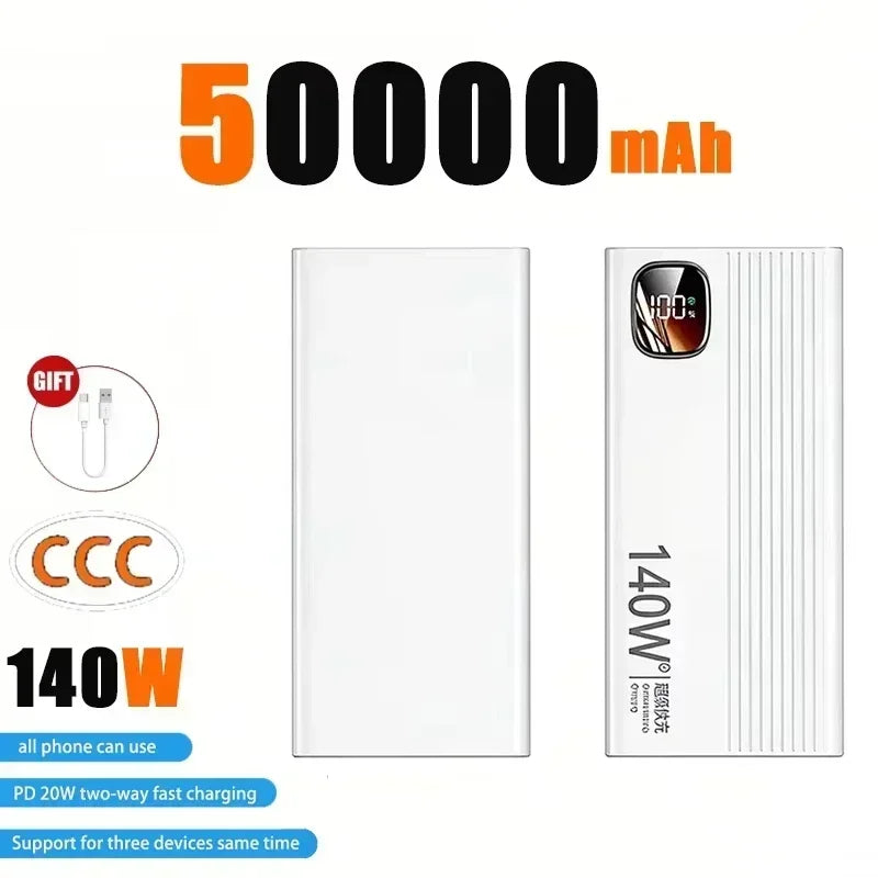 Lenovo CCC 500000mAh Power Bank 140W Large Capacity Portable Super Fast Charging Powerbank Spare Battery Digital Display Charger
