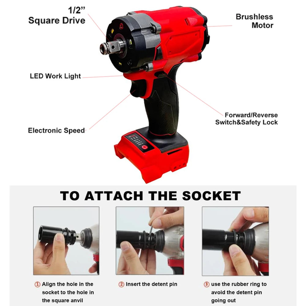 500N.m Brushless Impact Wrench Electric Driver 1/2" Repair Cordless Screwdriver 4 Gears Power Tools for Milwaukee 18V Battery