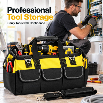 Heavy Duty Electrician Tool Bag, Large Capacity Tool Storage Bag with Multiple Compartments, Durable Polyester Work Bag with Sturdy Handles, Black Yellow Tool Bag for Job Sites